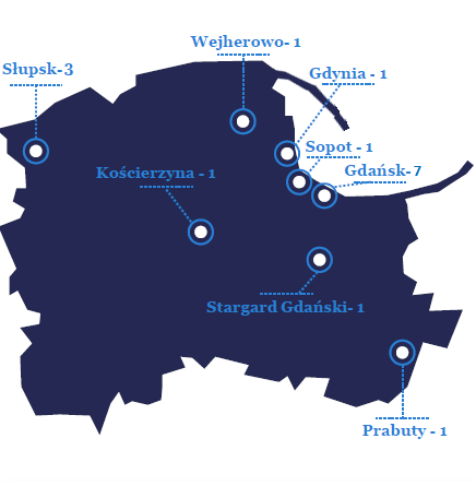 Mapa - Lokalizacja uczestników projektu Pomorskie e-Zdrowie